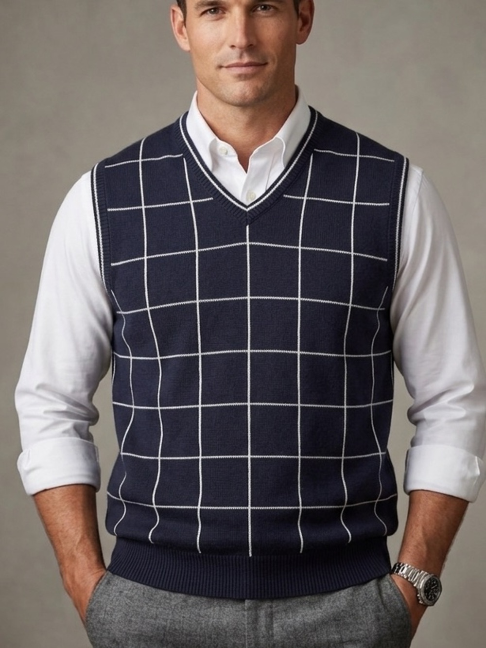 Vintage Fairway Sport Navy Blue Grid Check V-Neck Sweater Vest Men's Size Large
